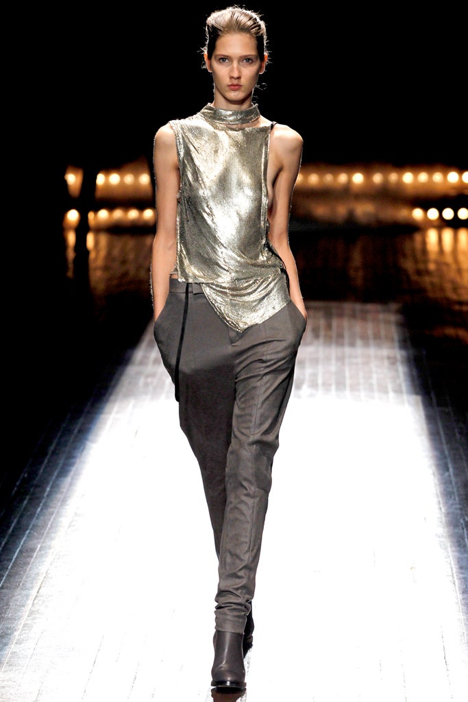 gray metallic sleeveless high-neck fitted draped shiny top