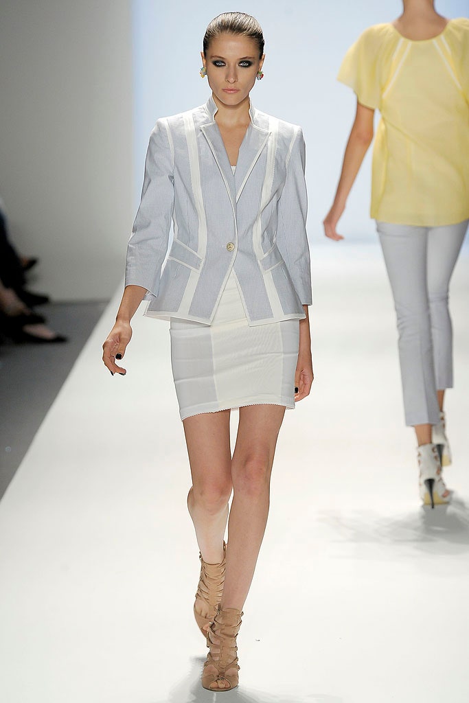 blue and white tailored blazer with mini skirt
