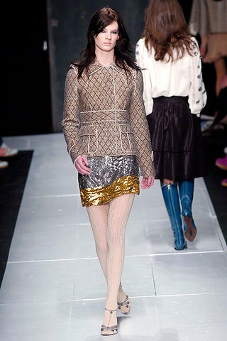 fitted brown embroidered jacket and shiny skirt
