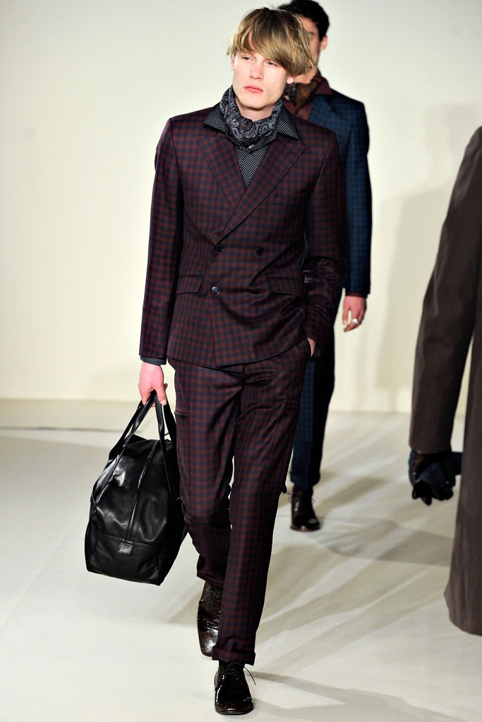 red wool long-sleeve collared tailored checked suit