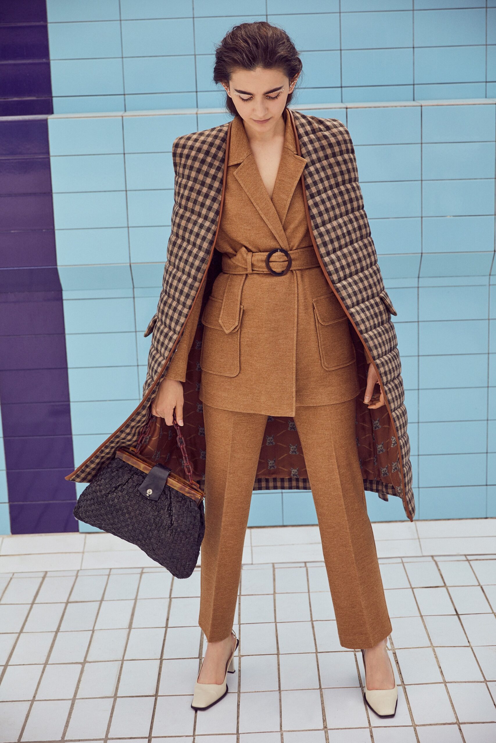 brown wool long-sleeve collared tailored checked belted coat
