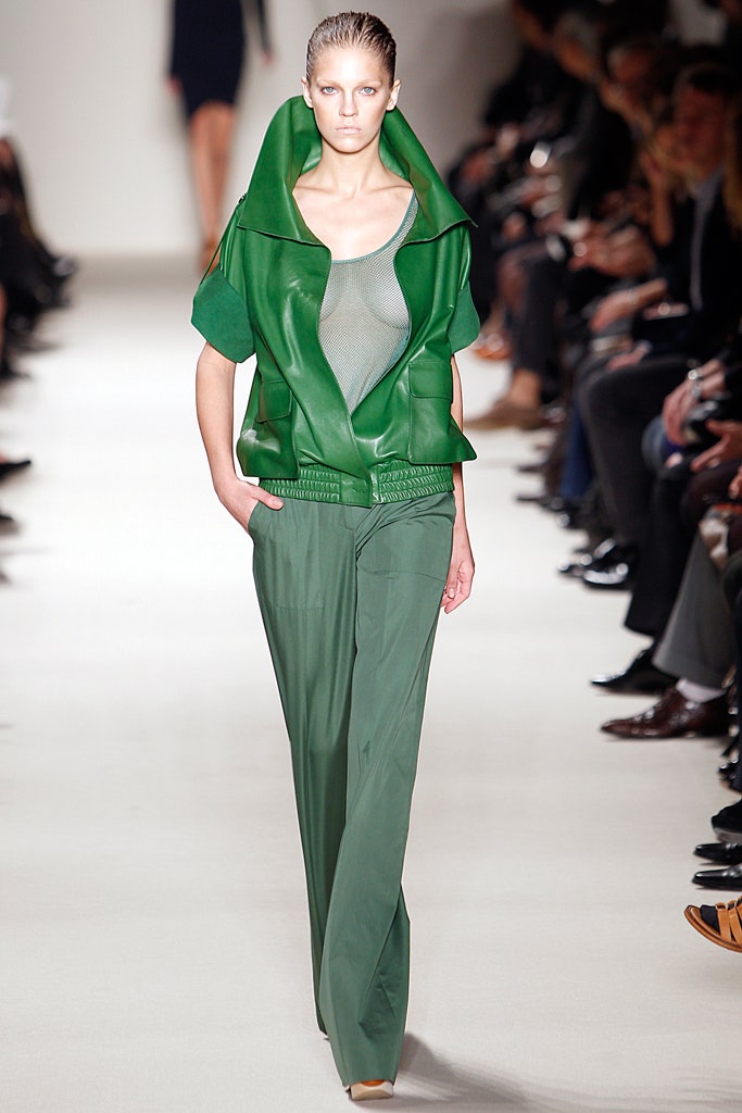 green leather top and silk pants