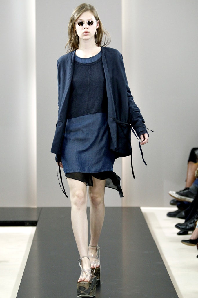 blue layered jacket and denim skirt