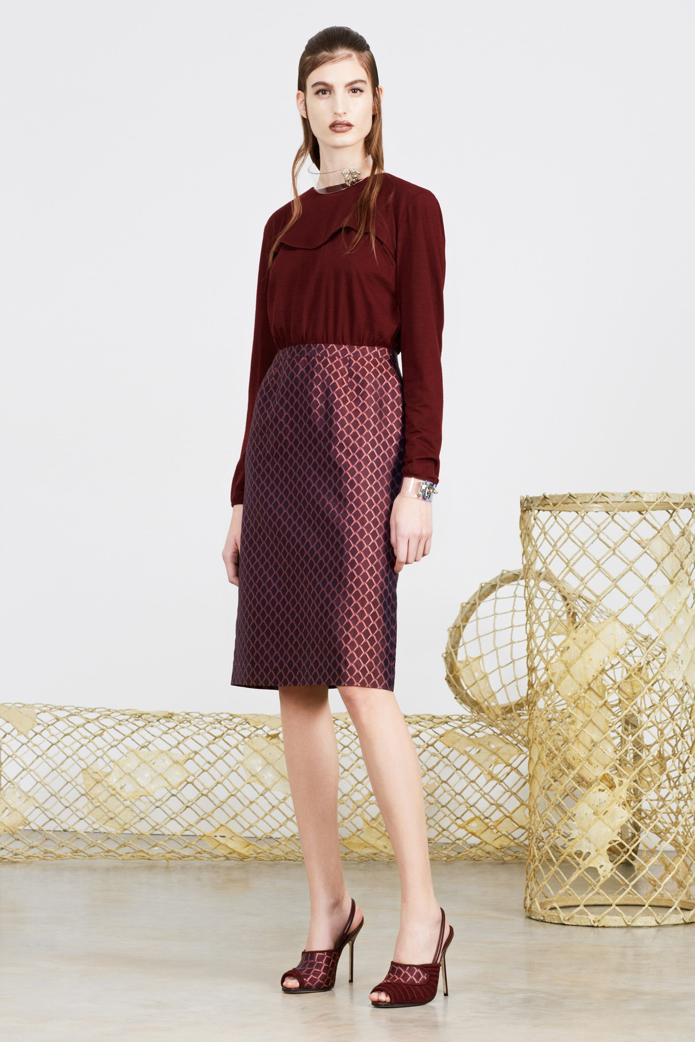 red silk blouse and purple pencil skirt