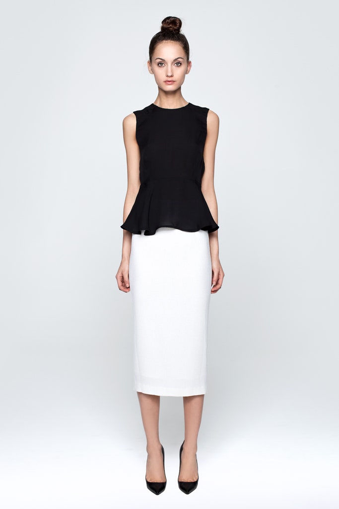 black silk sleeveless top with white pencil skirt