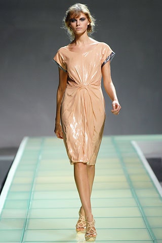 fitted beige vinyl midi dress