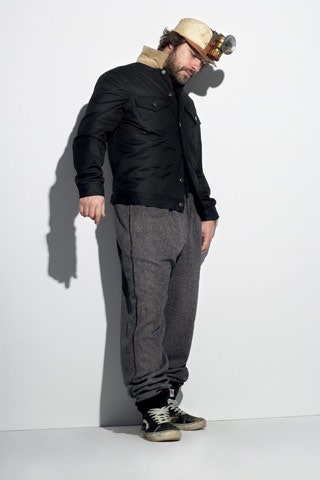 black relaxed jacket with gray pants