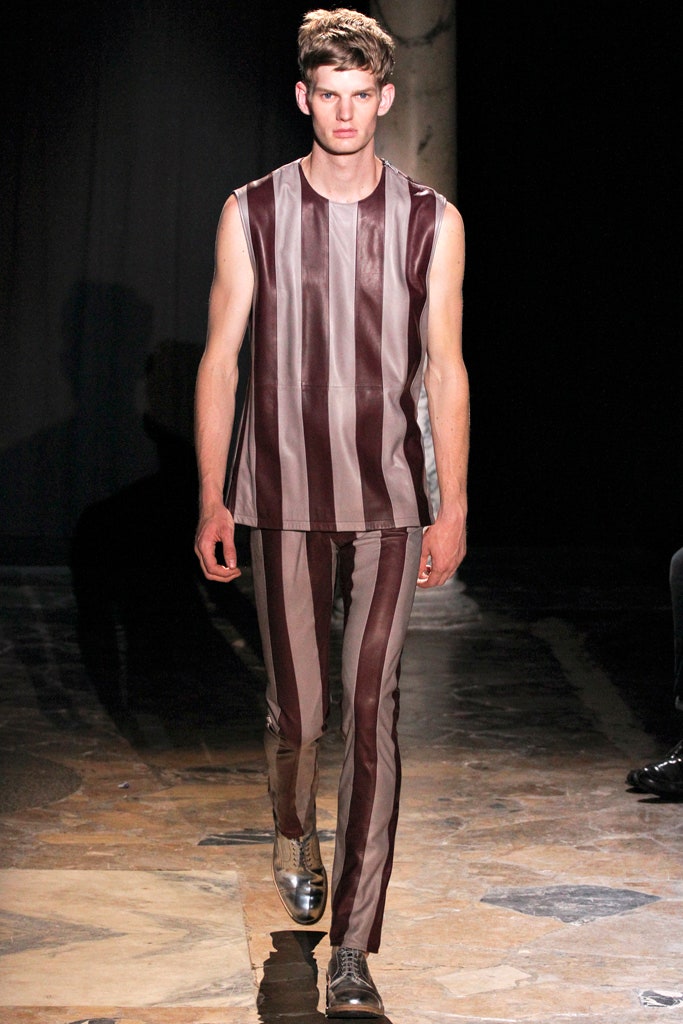 brown leather sleeveless high-neck fitted striped top
