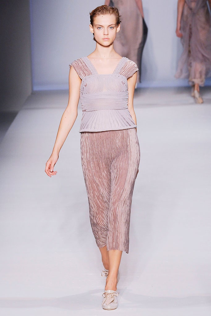 beige pleated top and skirt