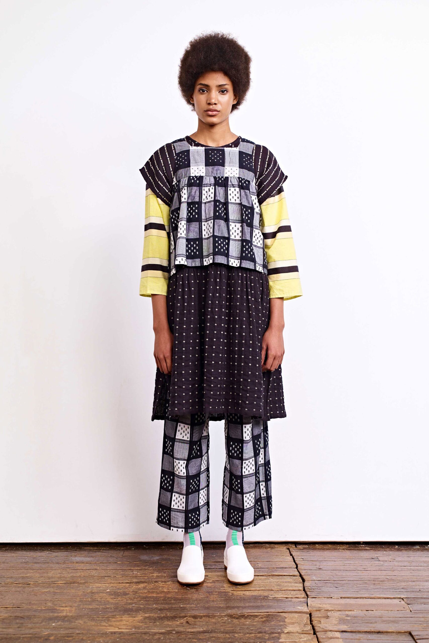black and white printed midi dress with relaxed pants