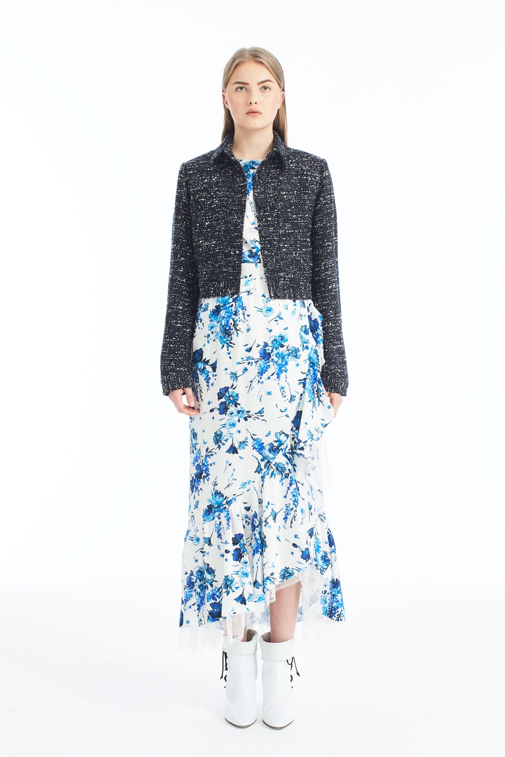 black jacket white floral dress