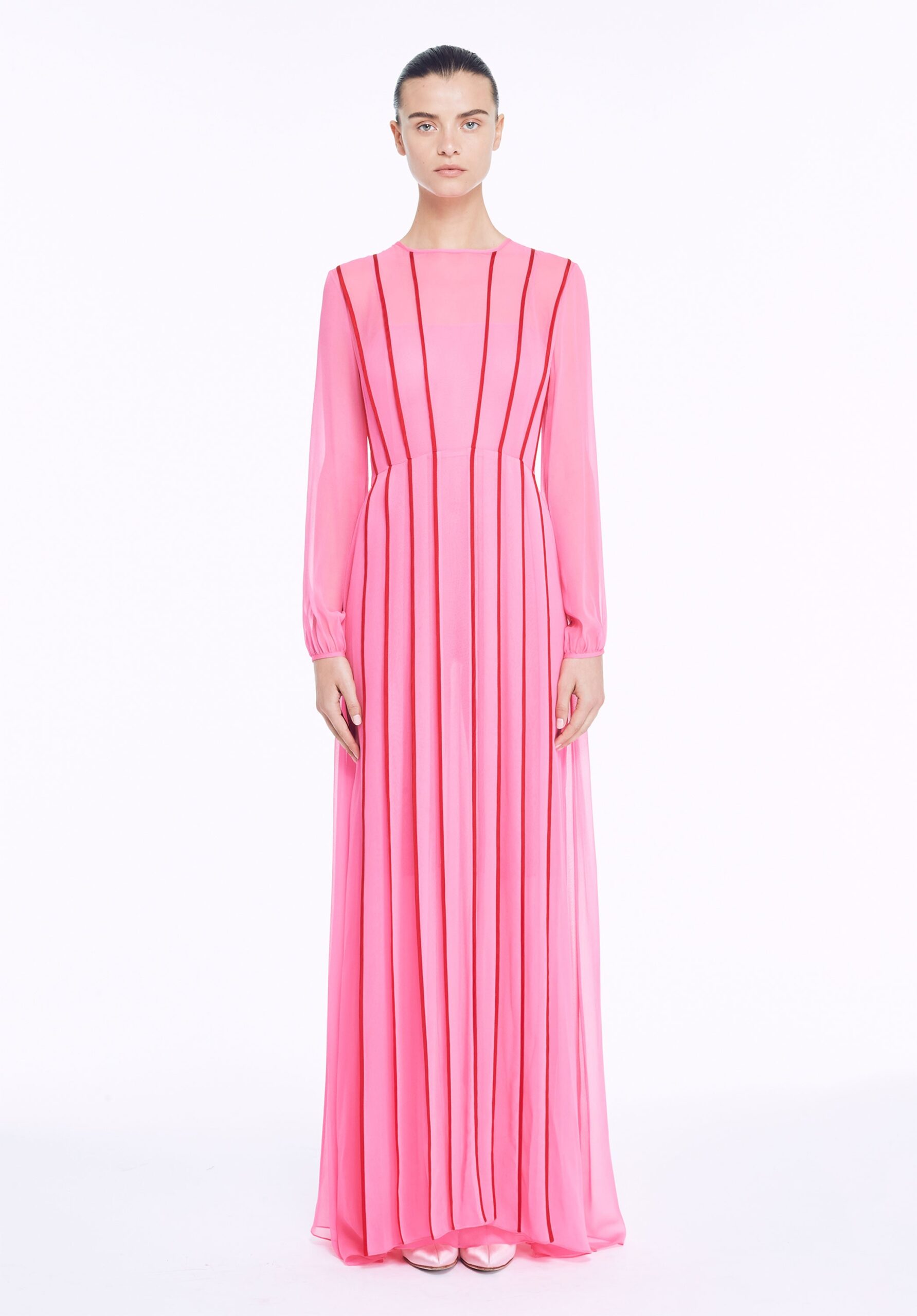 pink pleated chiffon gown