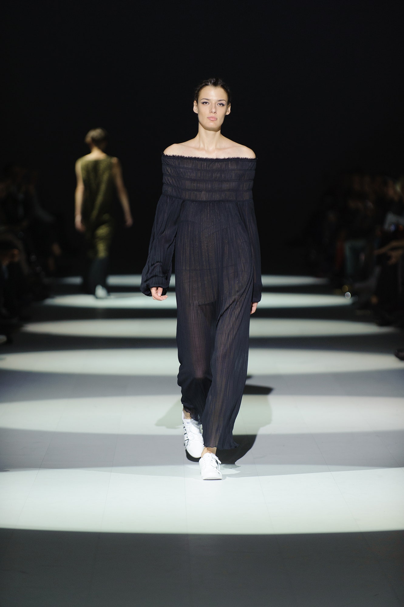 black pleated off-shoulder maxi dress