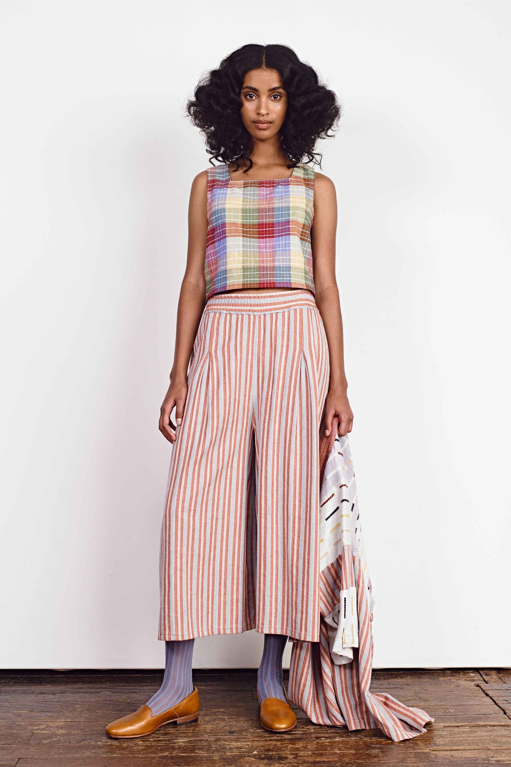 multi cotton sleeveless square-neck relaxed checked top