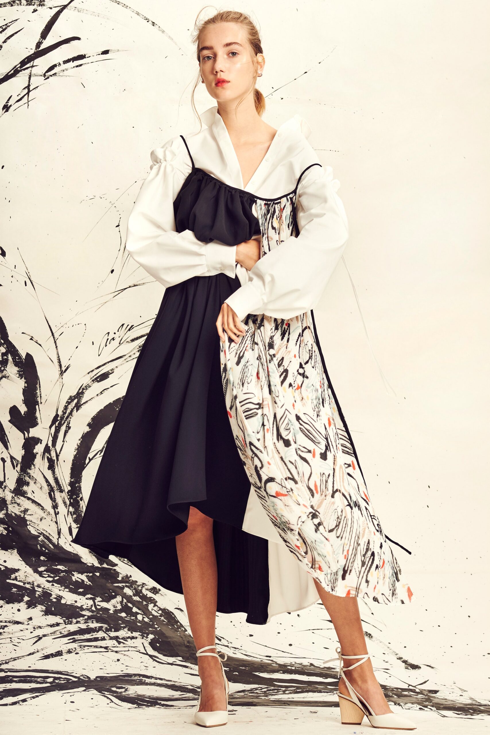 asymmetric black and white midi dress
