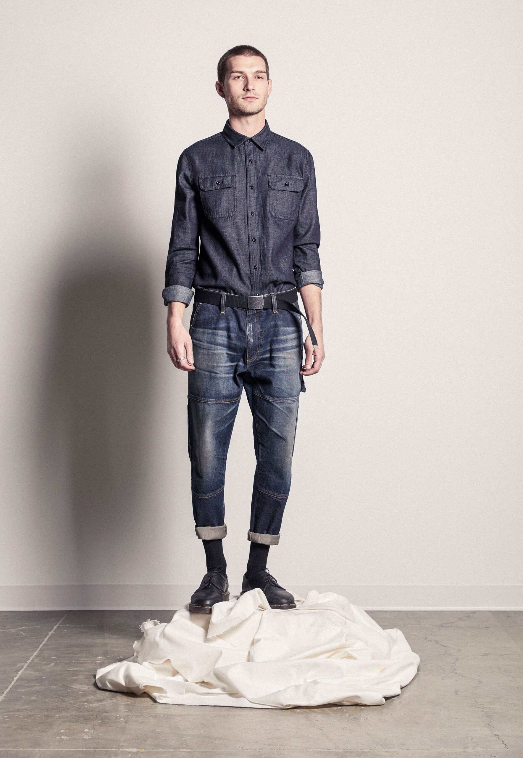 fitted denim shirt and relaxed pants