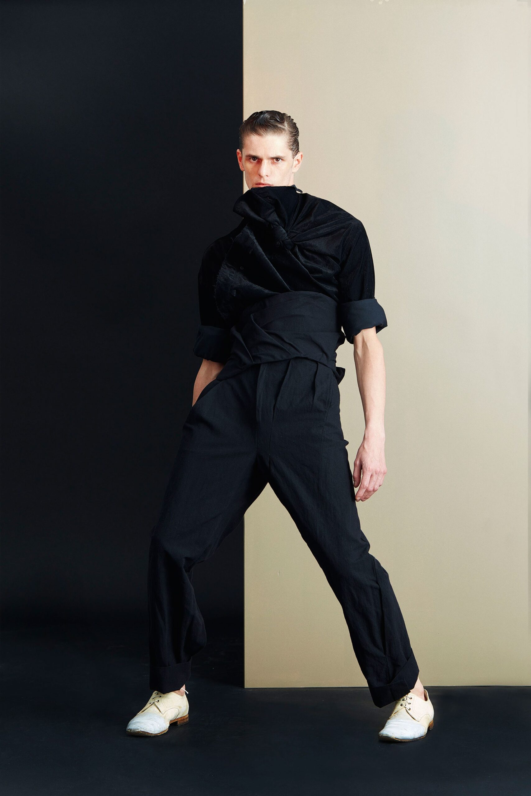 black cotton long-sleeve collared relaxed draped shirt