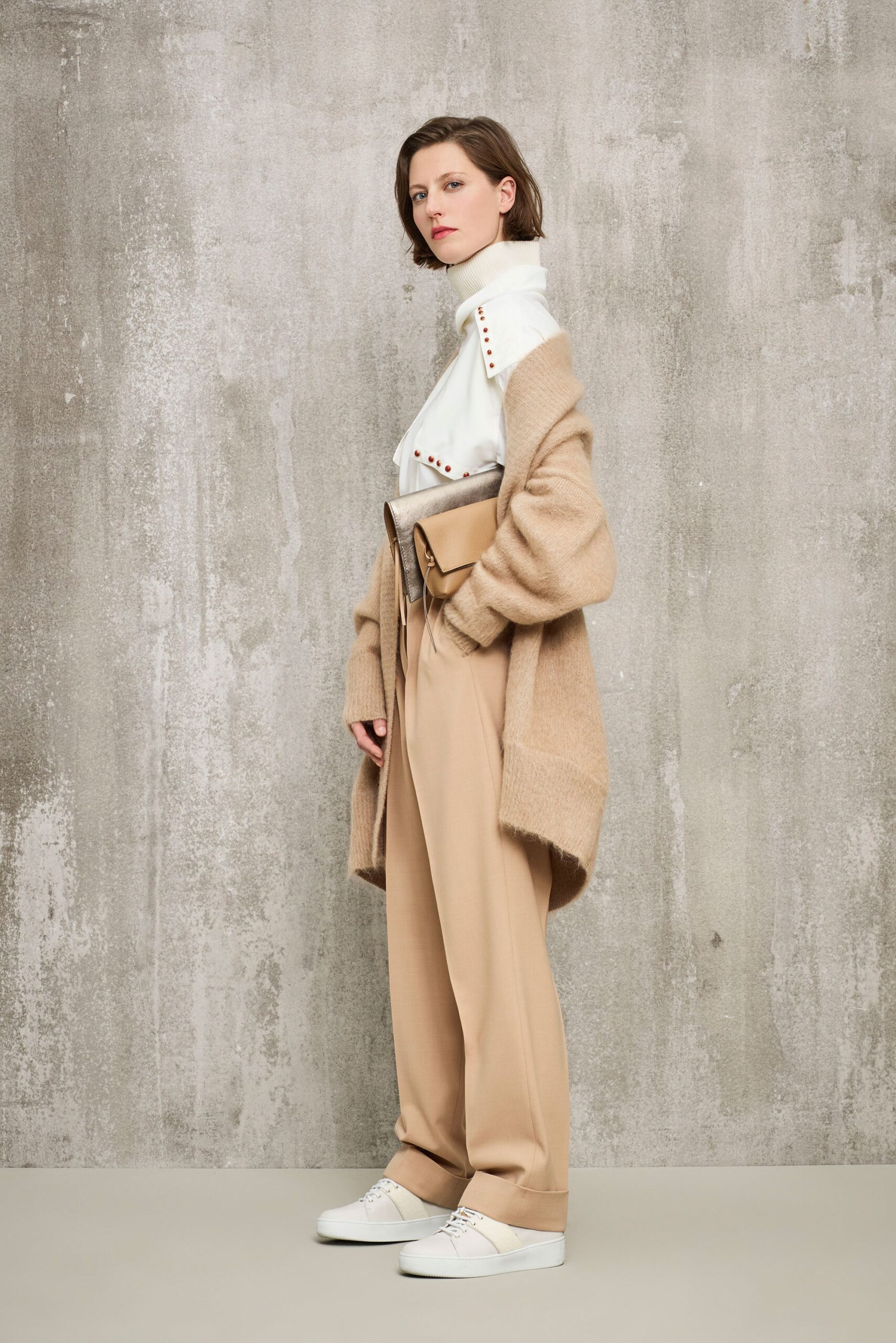 beige cardigan white blouse tan pants