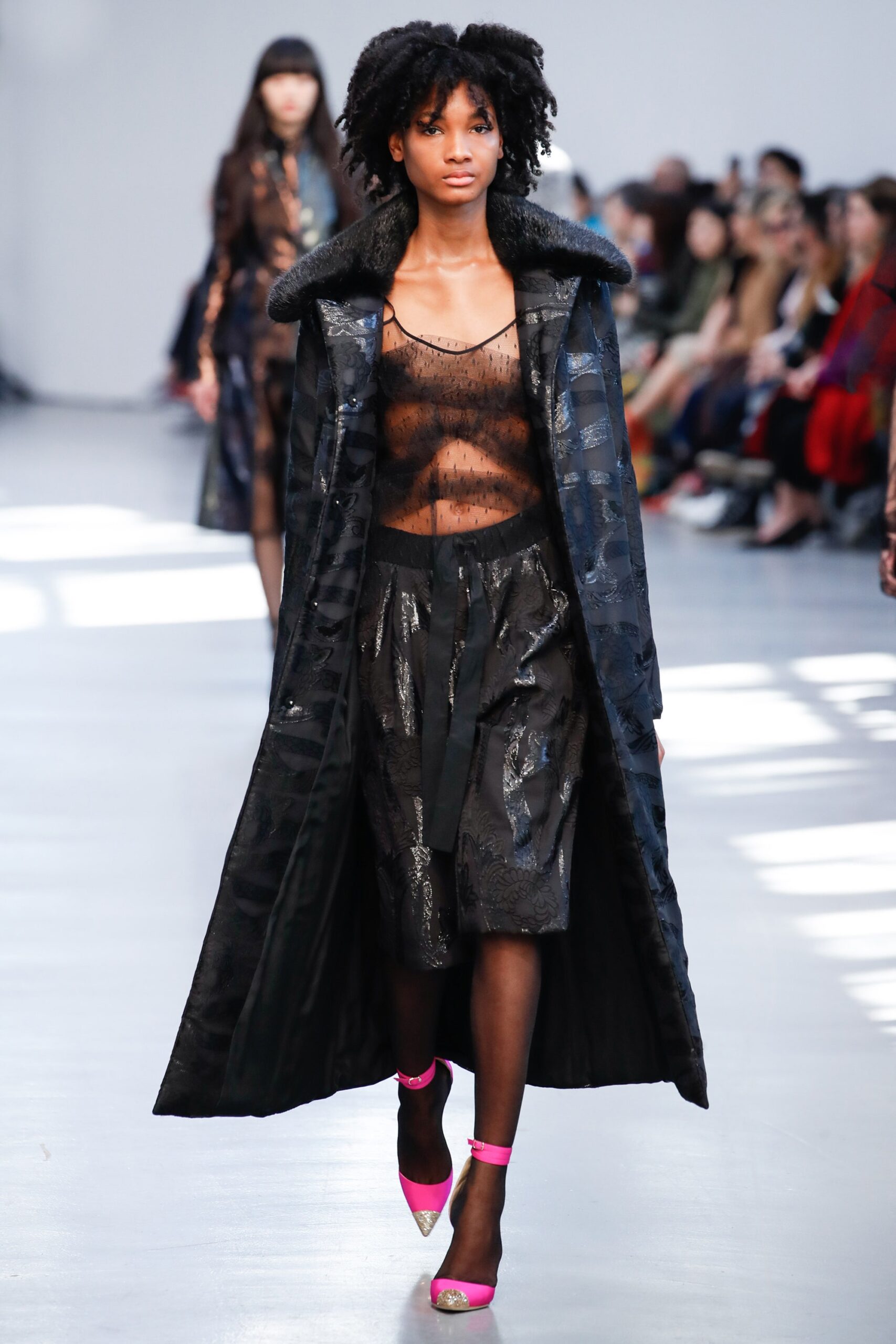 black silk coat with sheer top