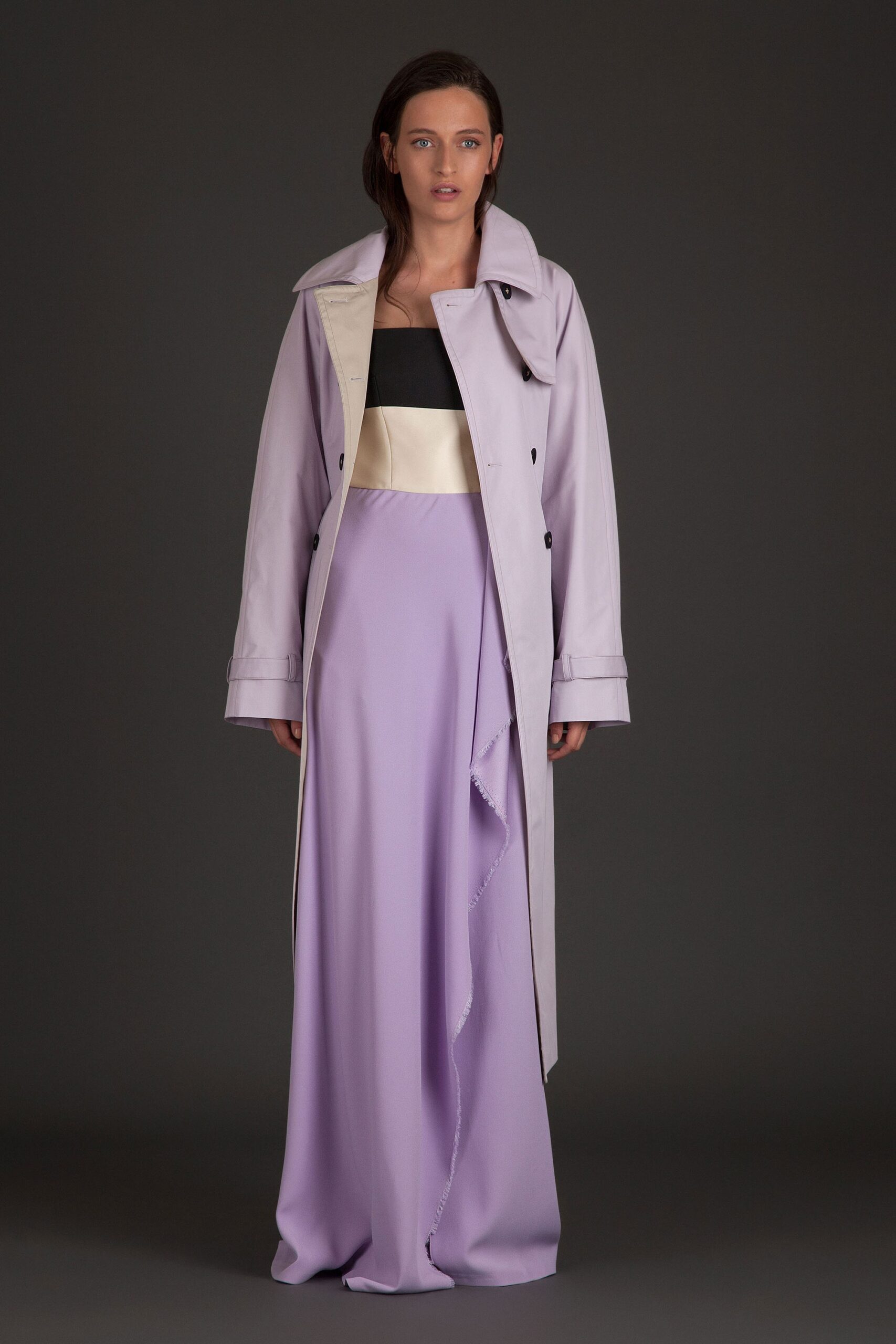 lavender trench coat and gown