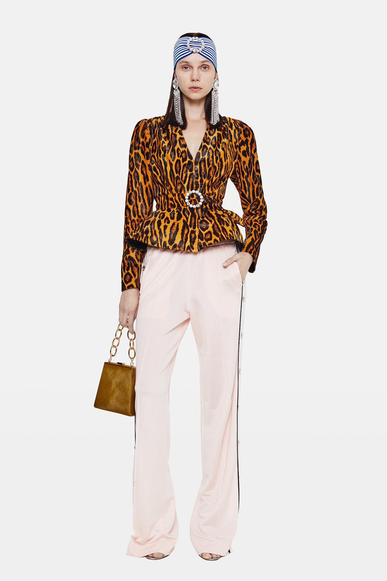 orange silk long-sleeve v-neck fitted animal-print blouse