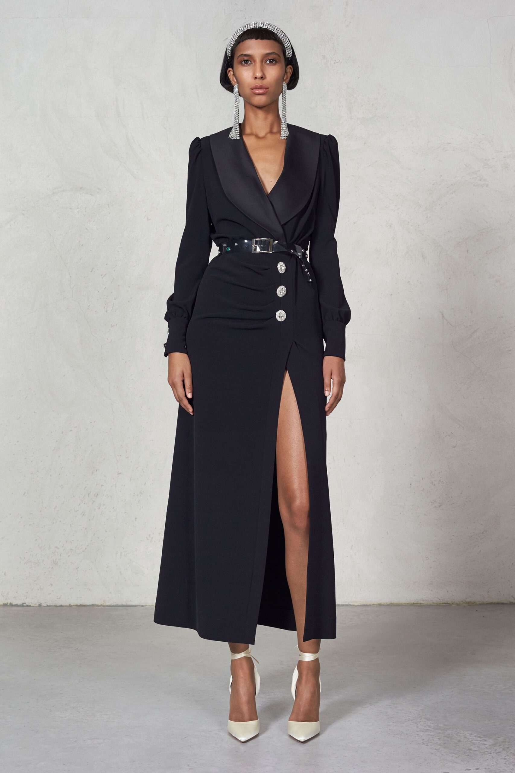 black silk long-sleeve dress