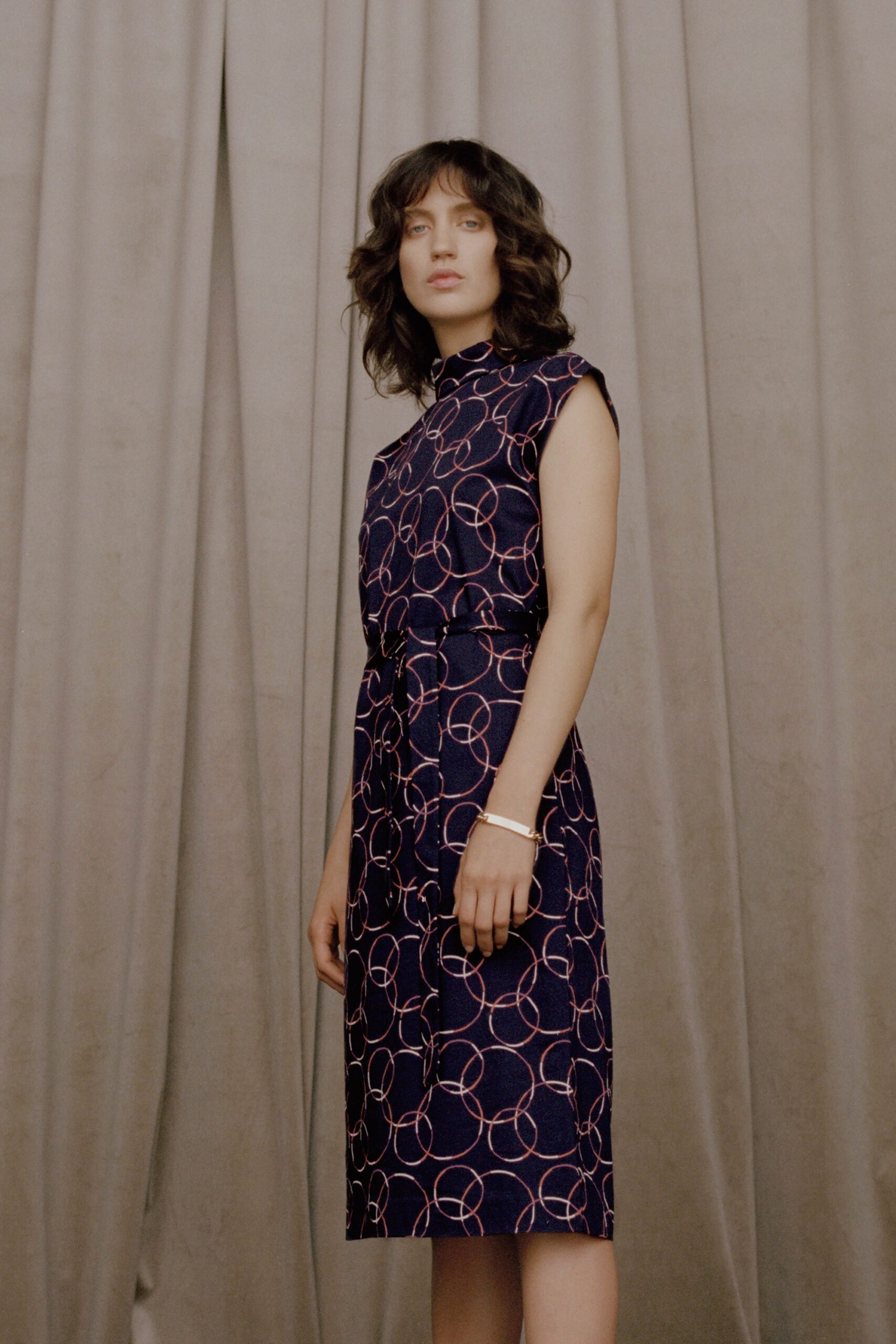 navy printed sleeveless dress