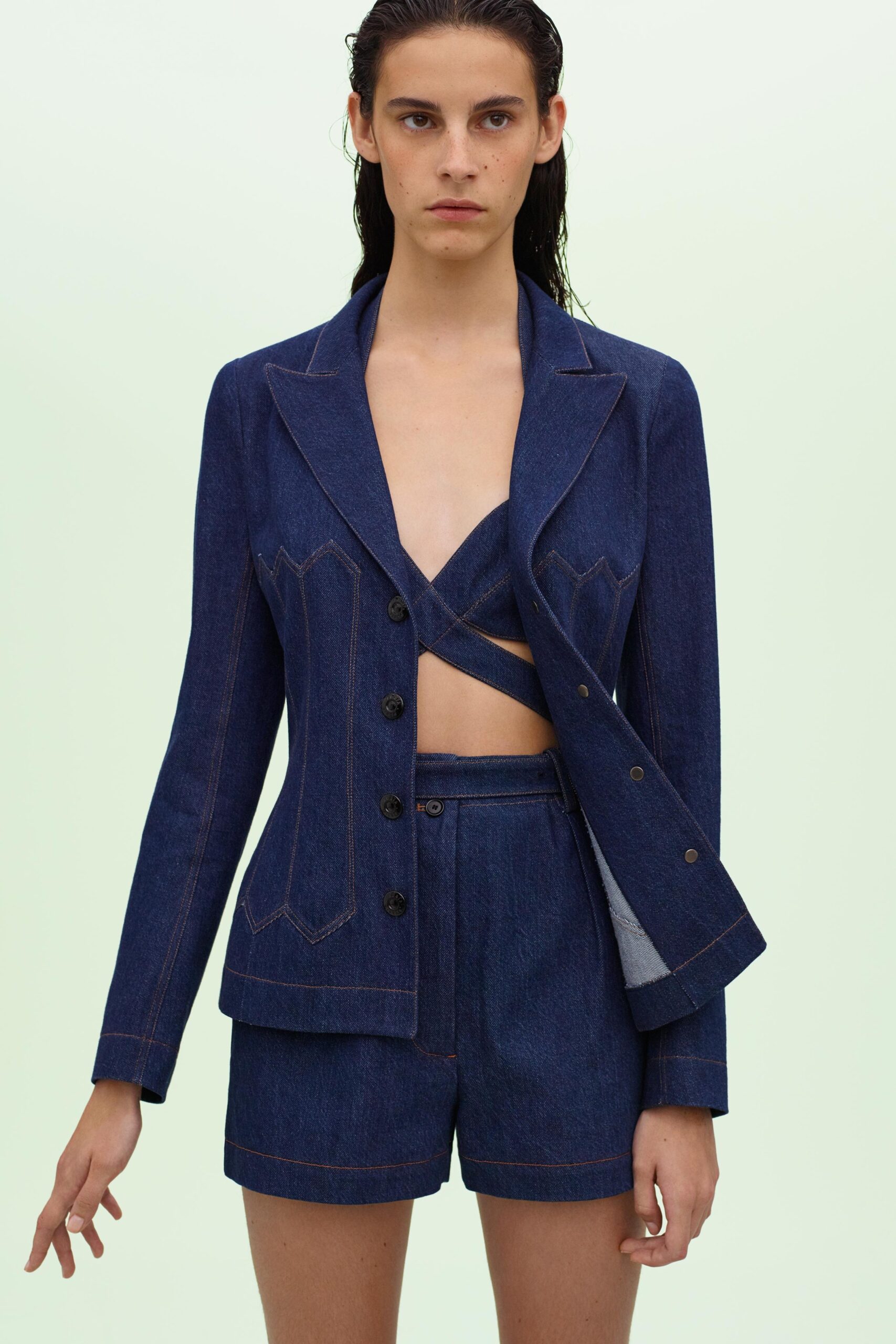 blue denim blazer and shorts