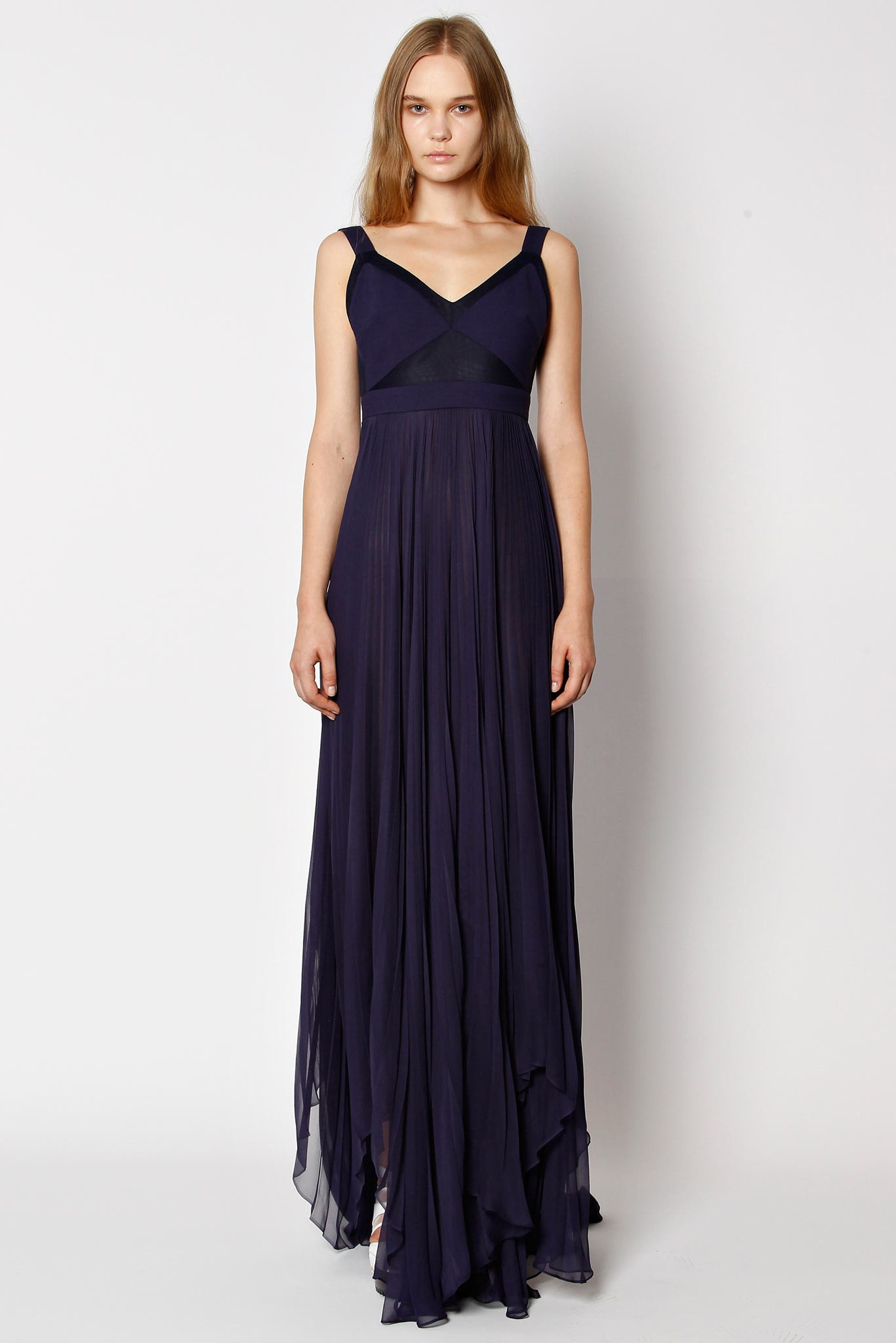 blue silk sleeveless gown