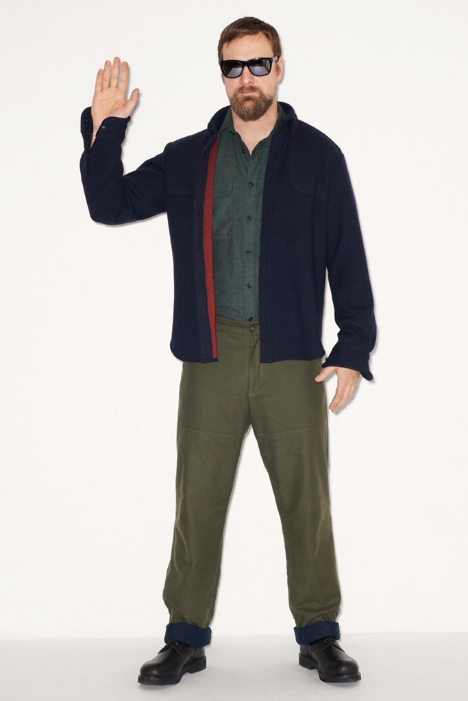 blue wool long-sleeve collared relaxed zippered jacket