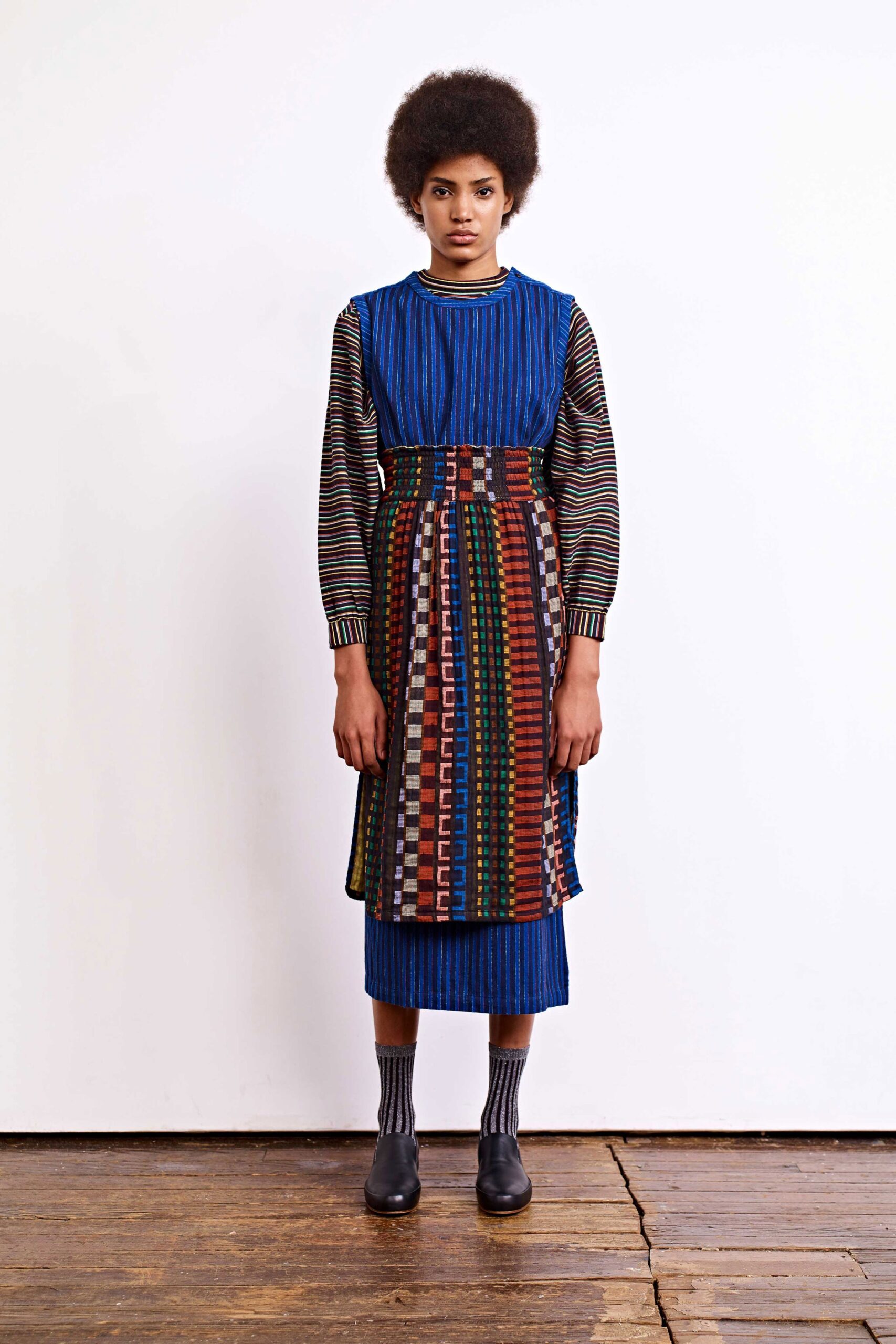 blue multi-colored pleated dress
