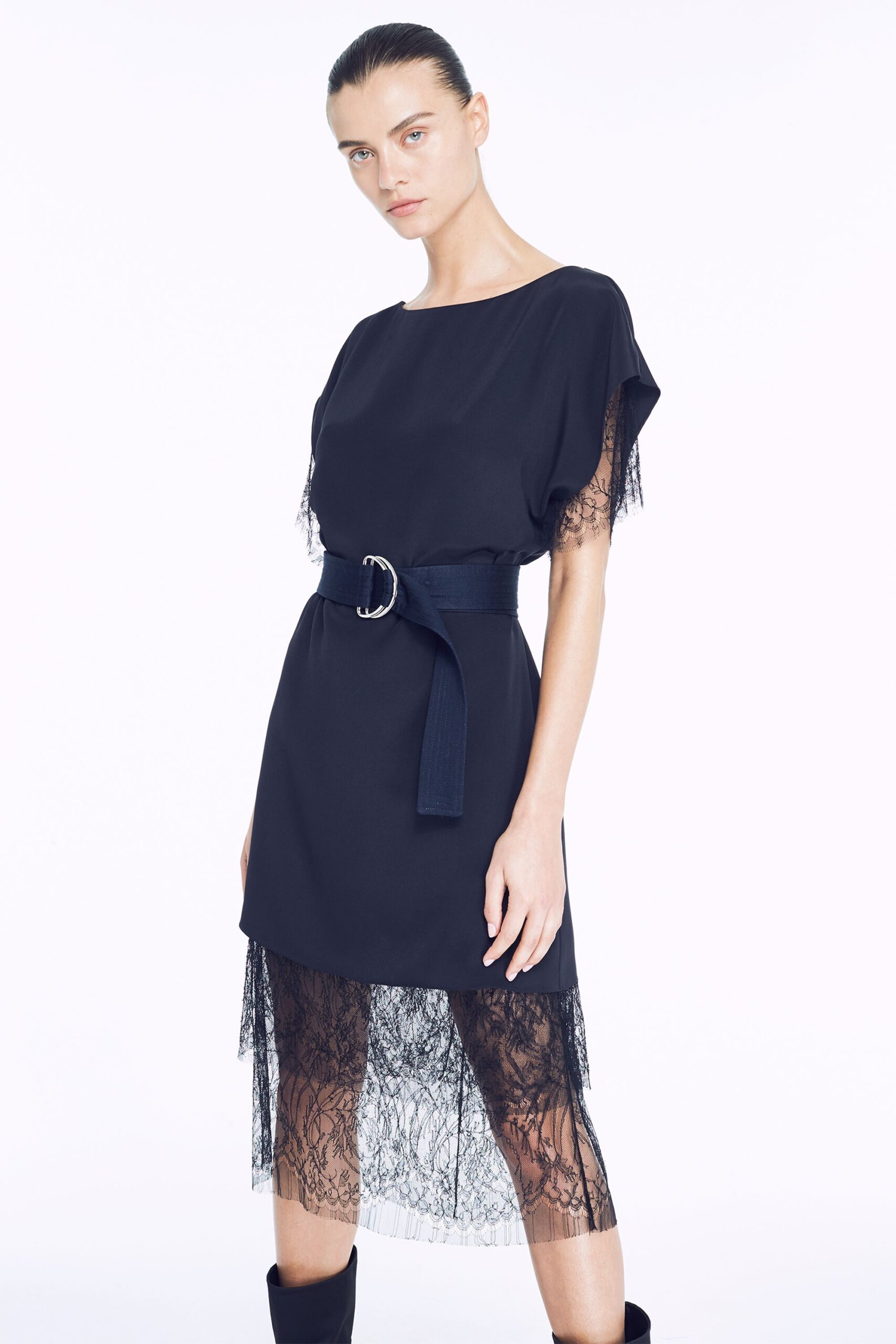 black belted midi dress