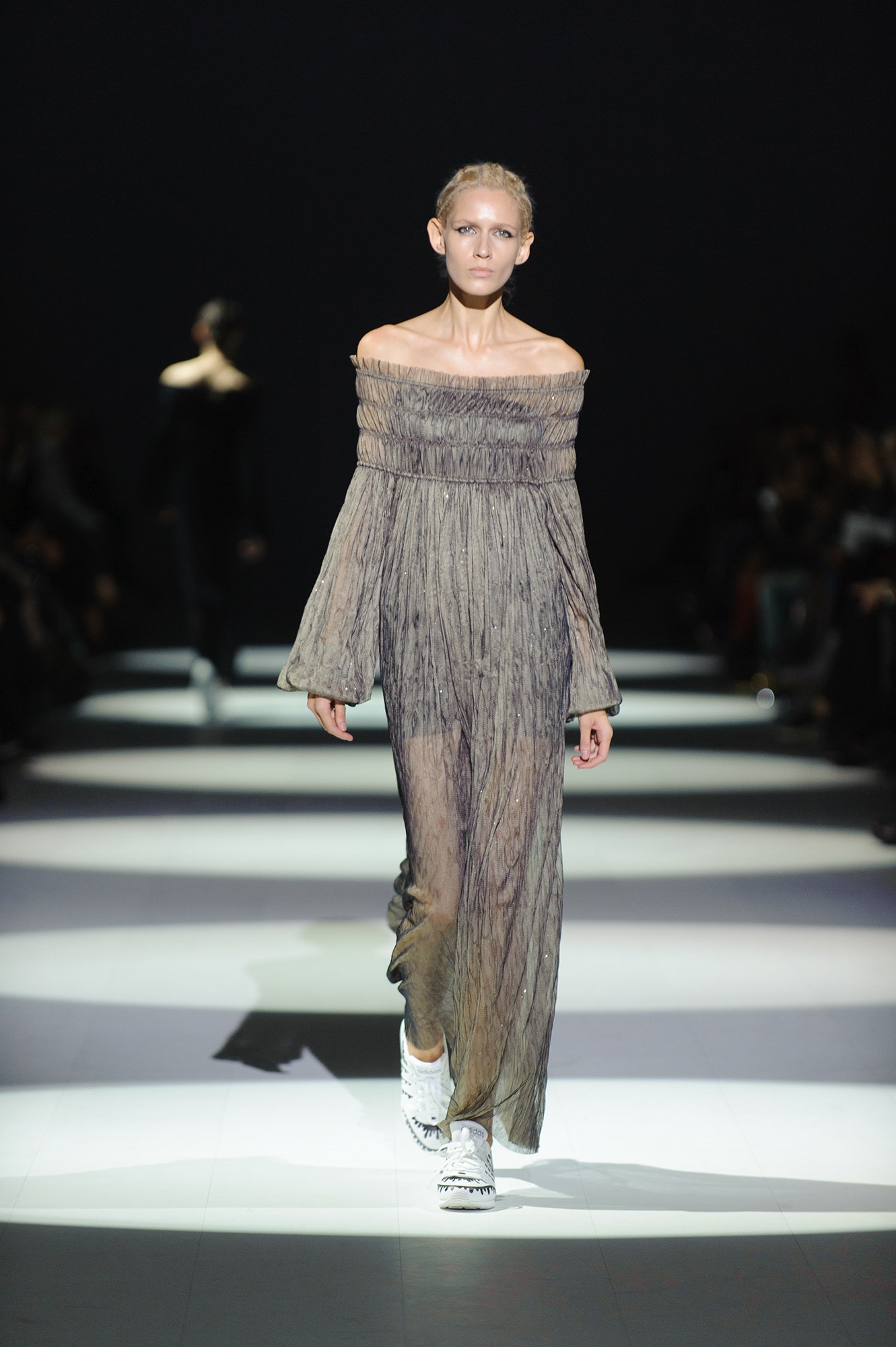 gray pleated off-shoulder maxi dress