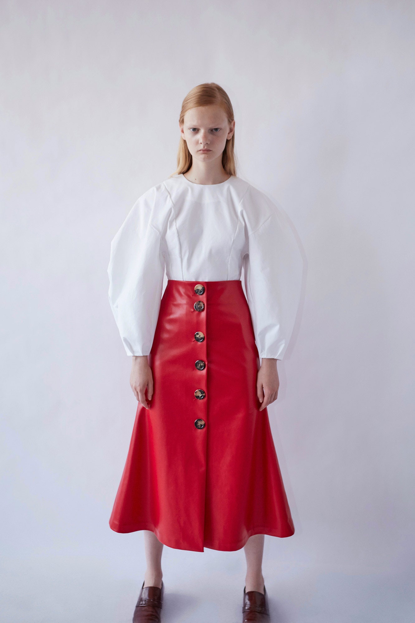 red leather fitted high-waisted buttoned a-line midi skirt