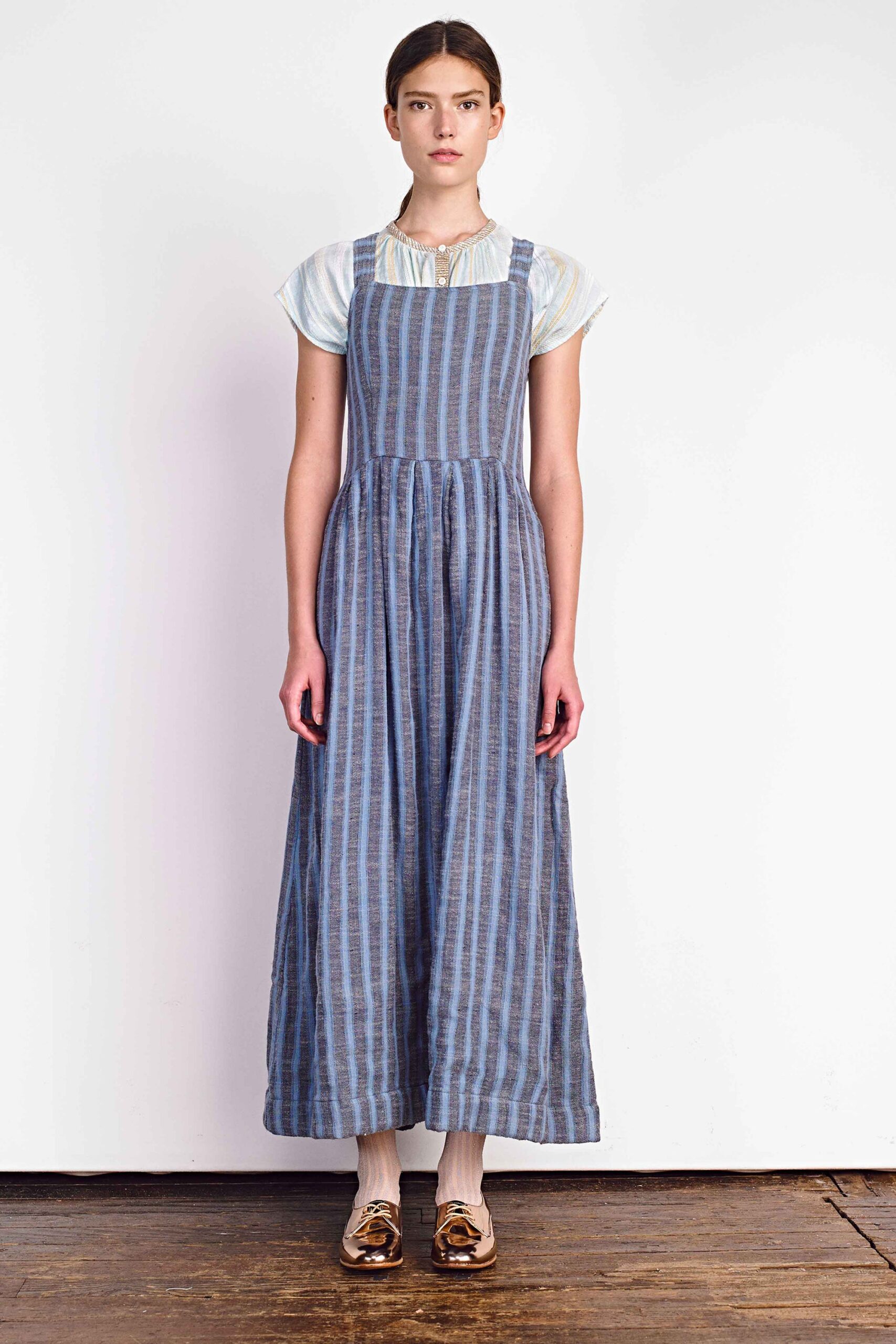 blue cotton sleeveless square-neck relaxed striped tiered dress