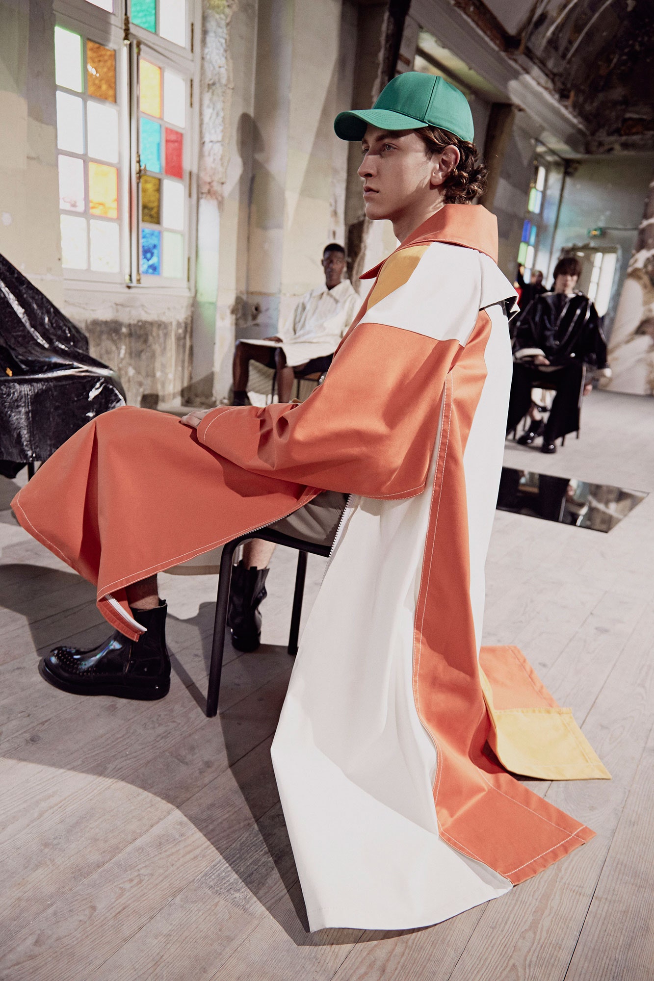 white vinyl long-sleeve collared relaxed layered maxi cape