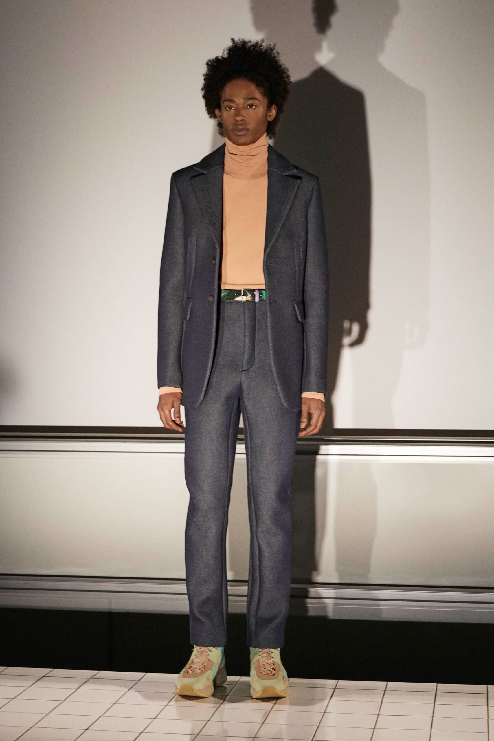 blue denim long-sleeve collared tailored buttoned suit