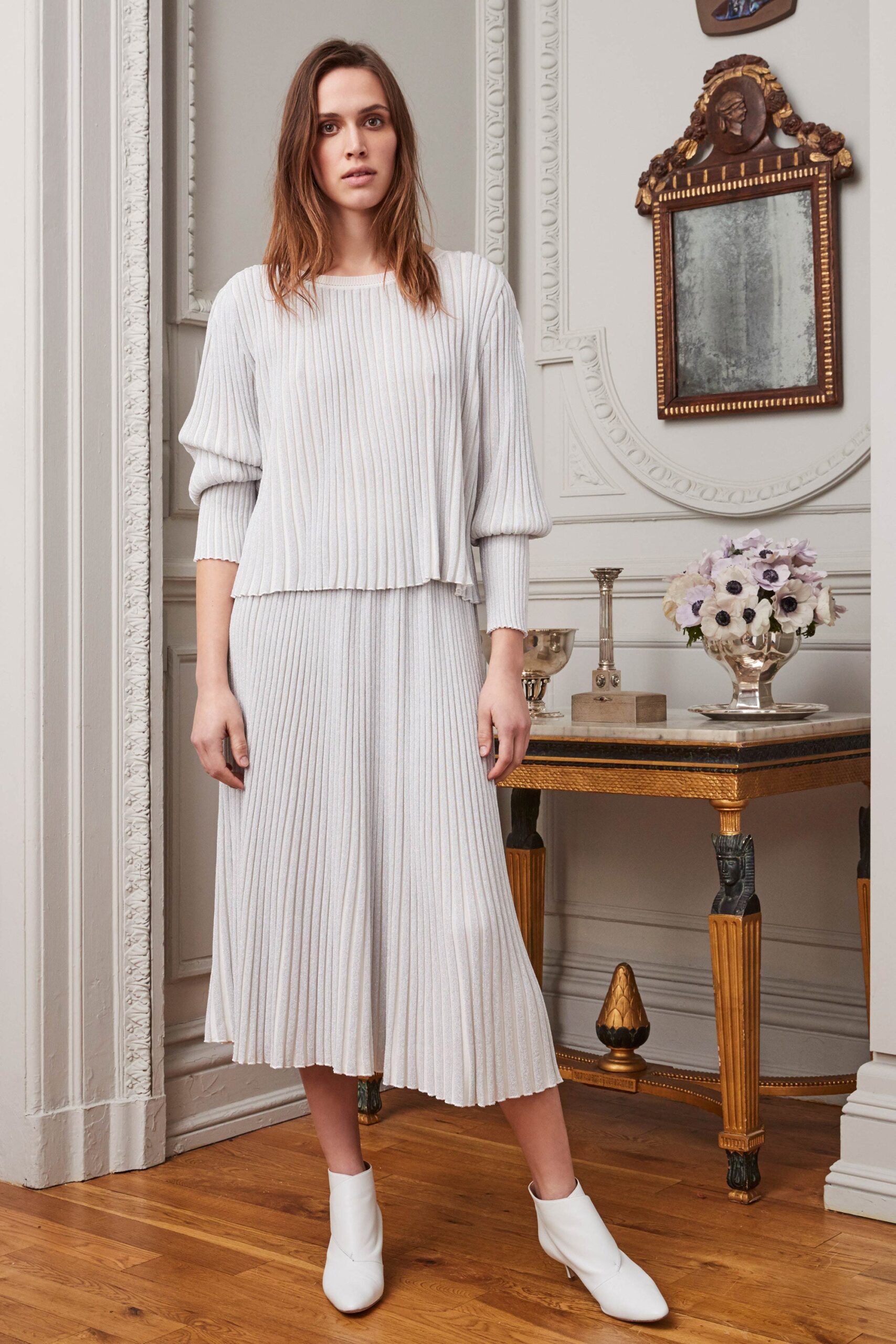 white knit fitted pleated a-line midi skirt