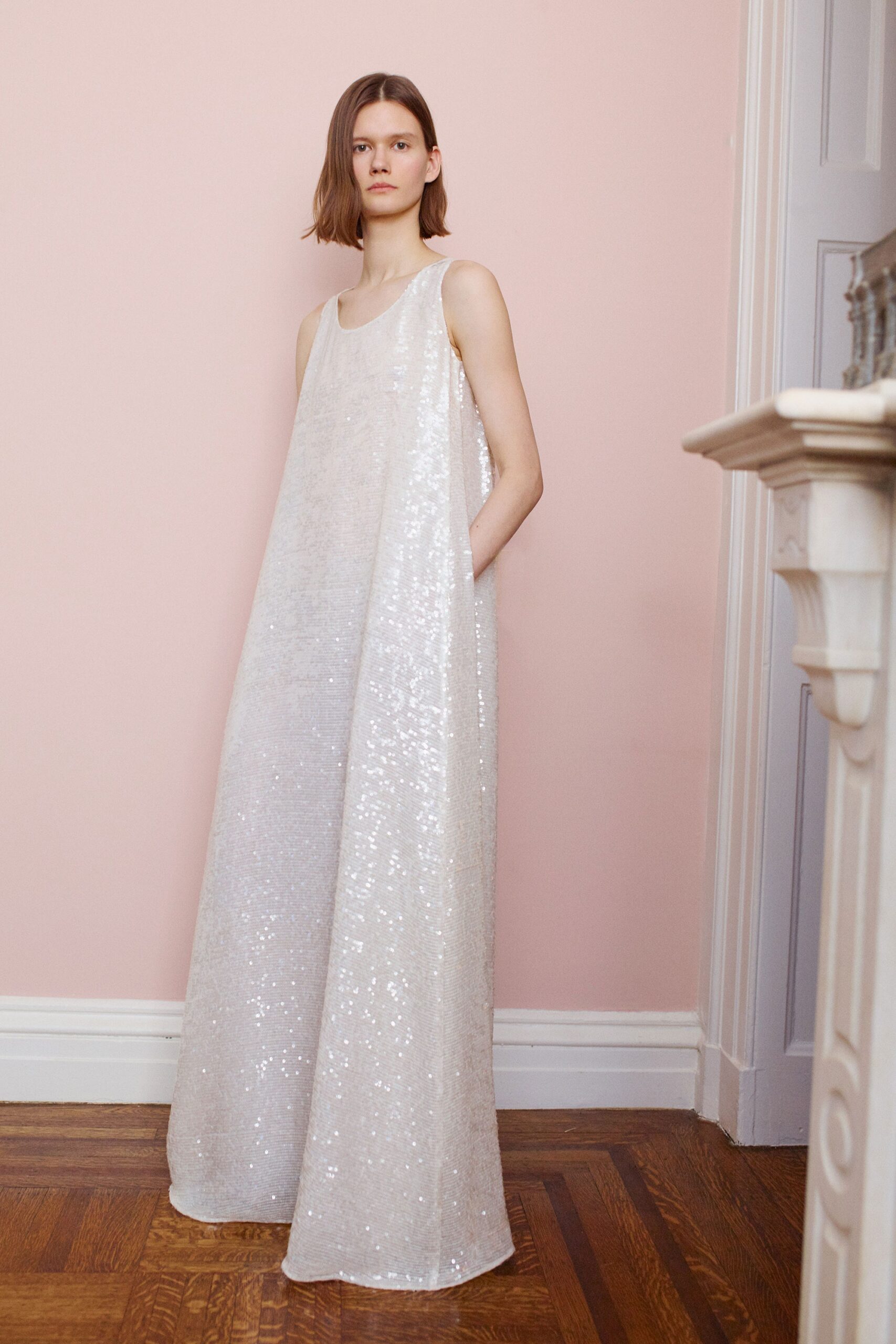 white sequin sleeveless maxi dress