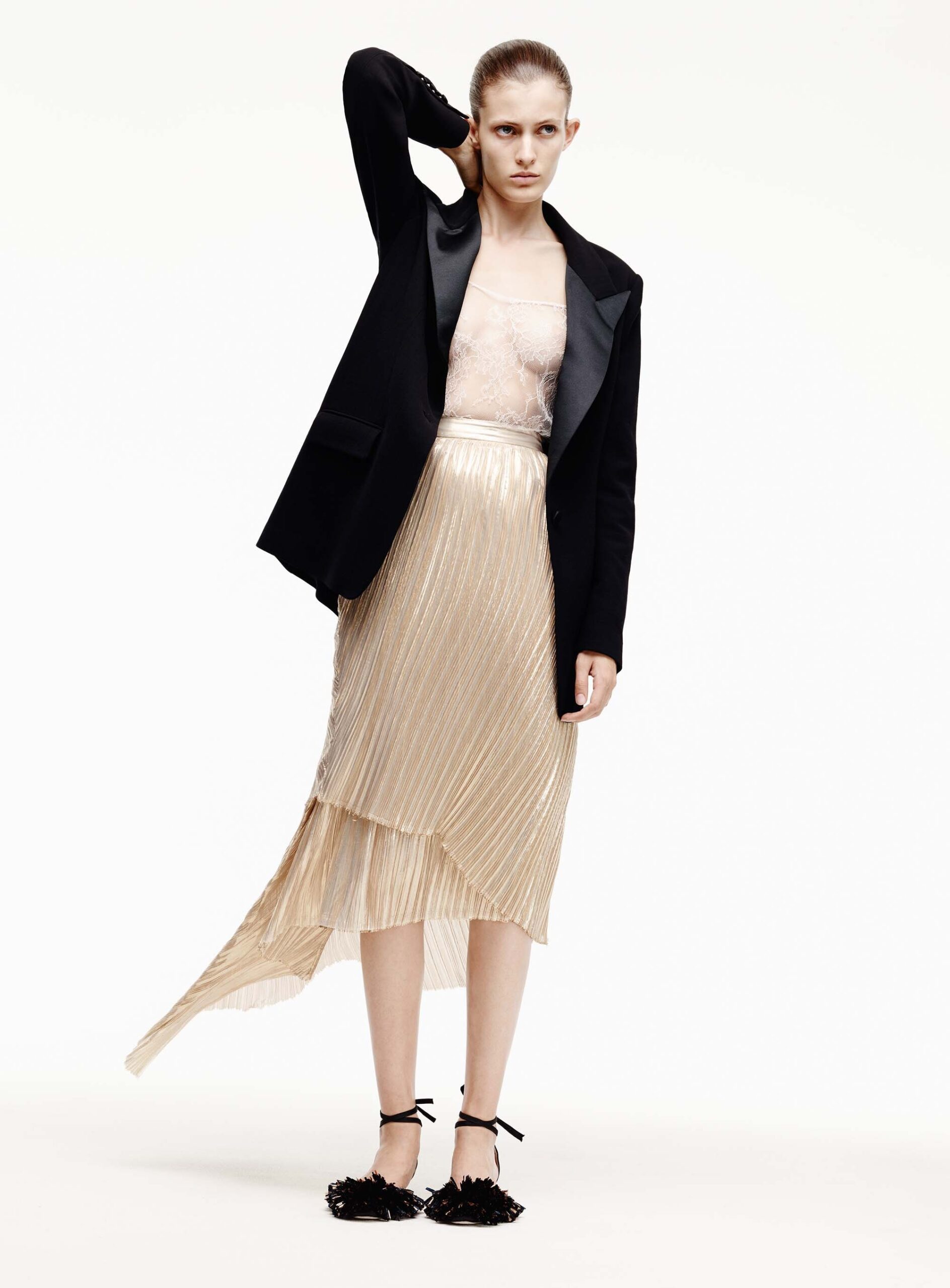 gold silk asymmetric fitted pleated flowing midi skirt