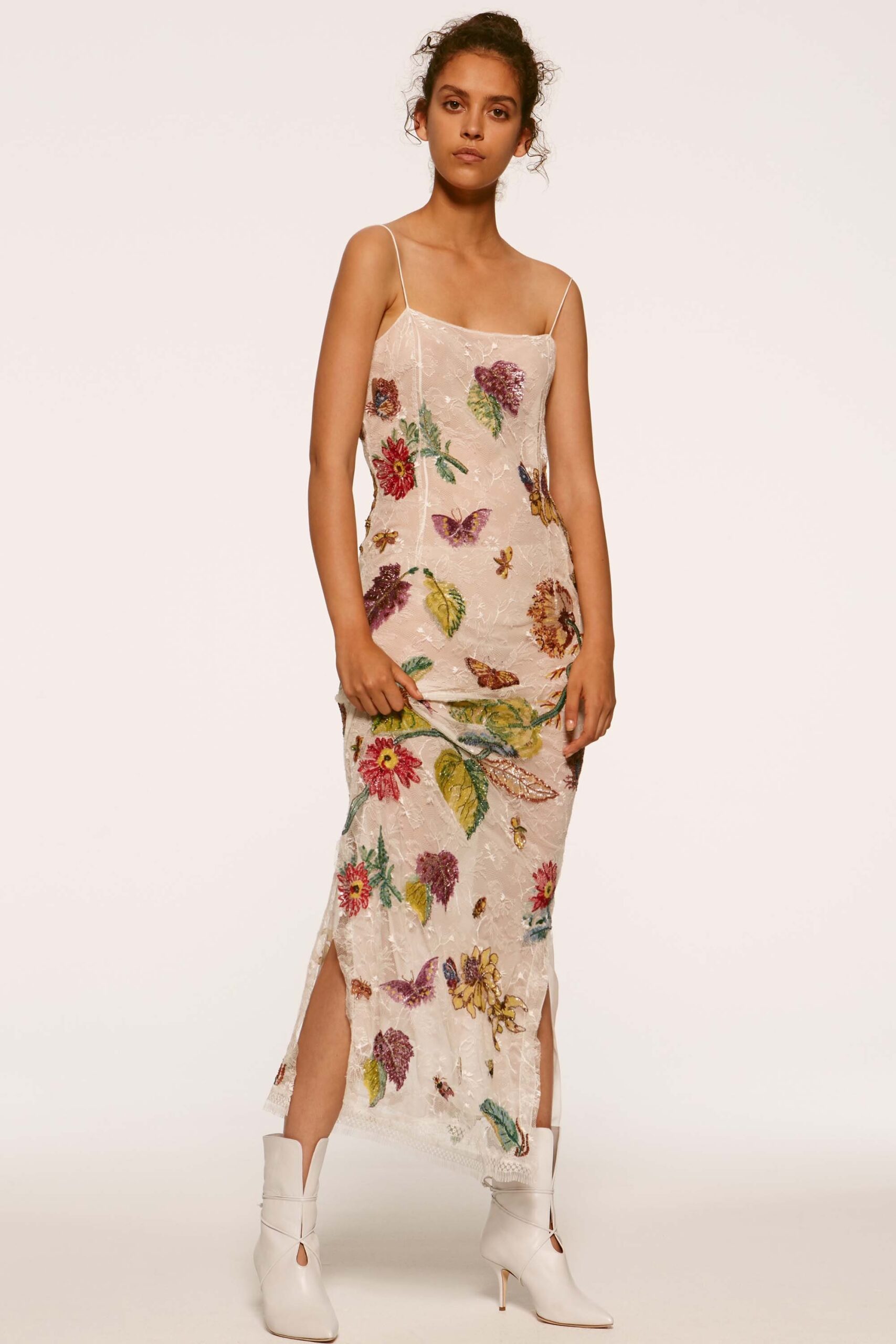 beige floral midi dress with white boots