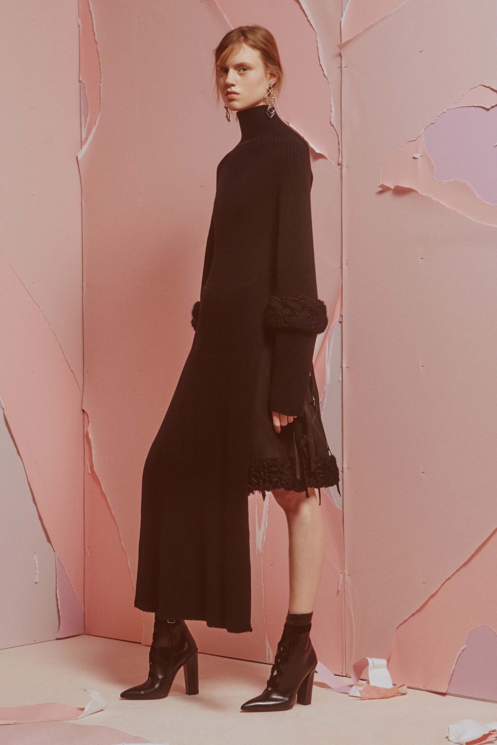 black wool long-sleeve high-neck fitted layered maxi dress