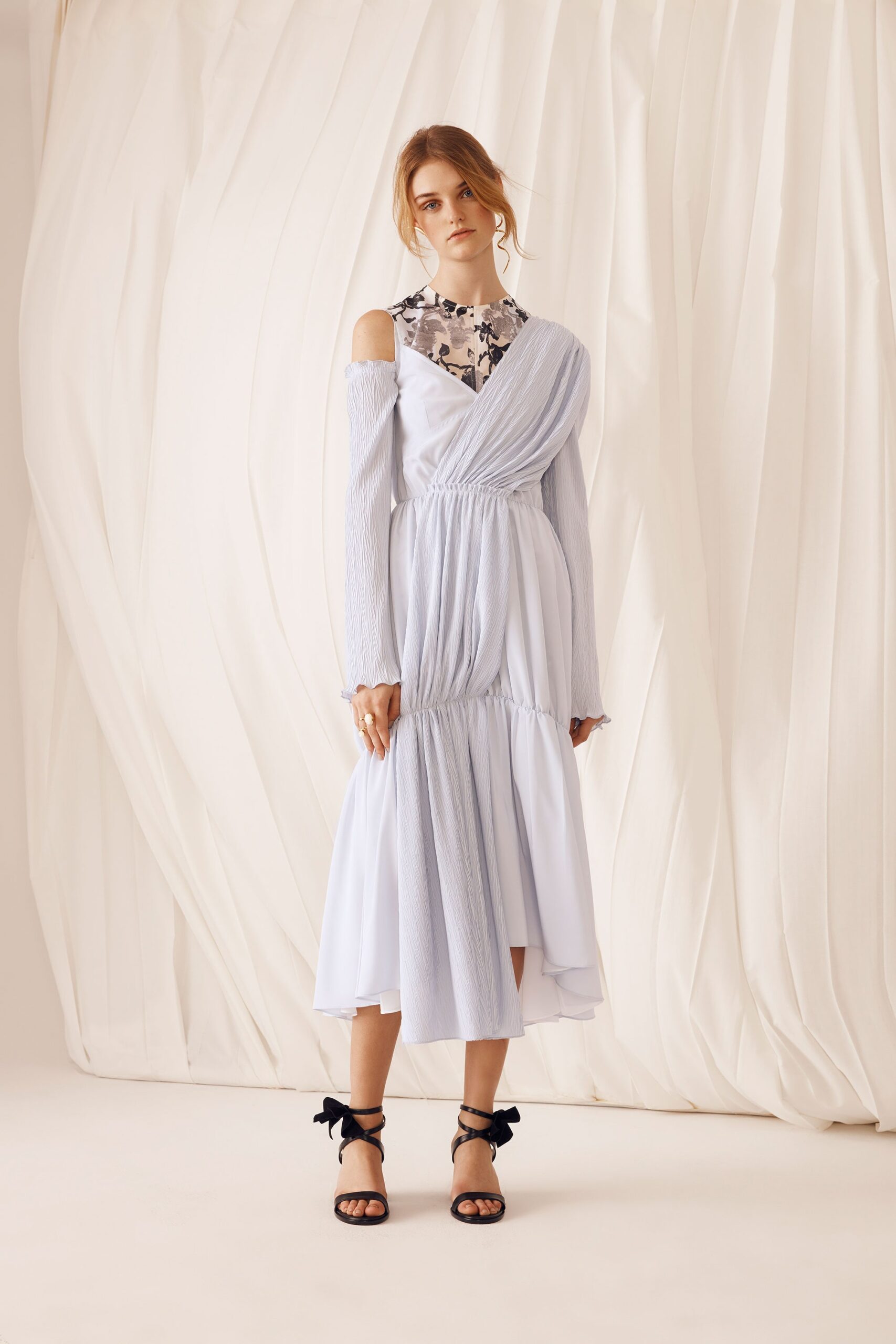 blue and white tiered midi dress