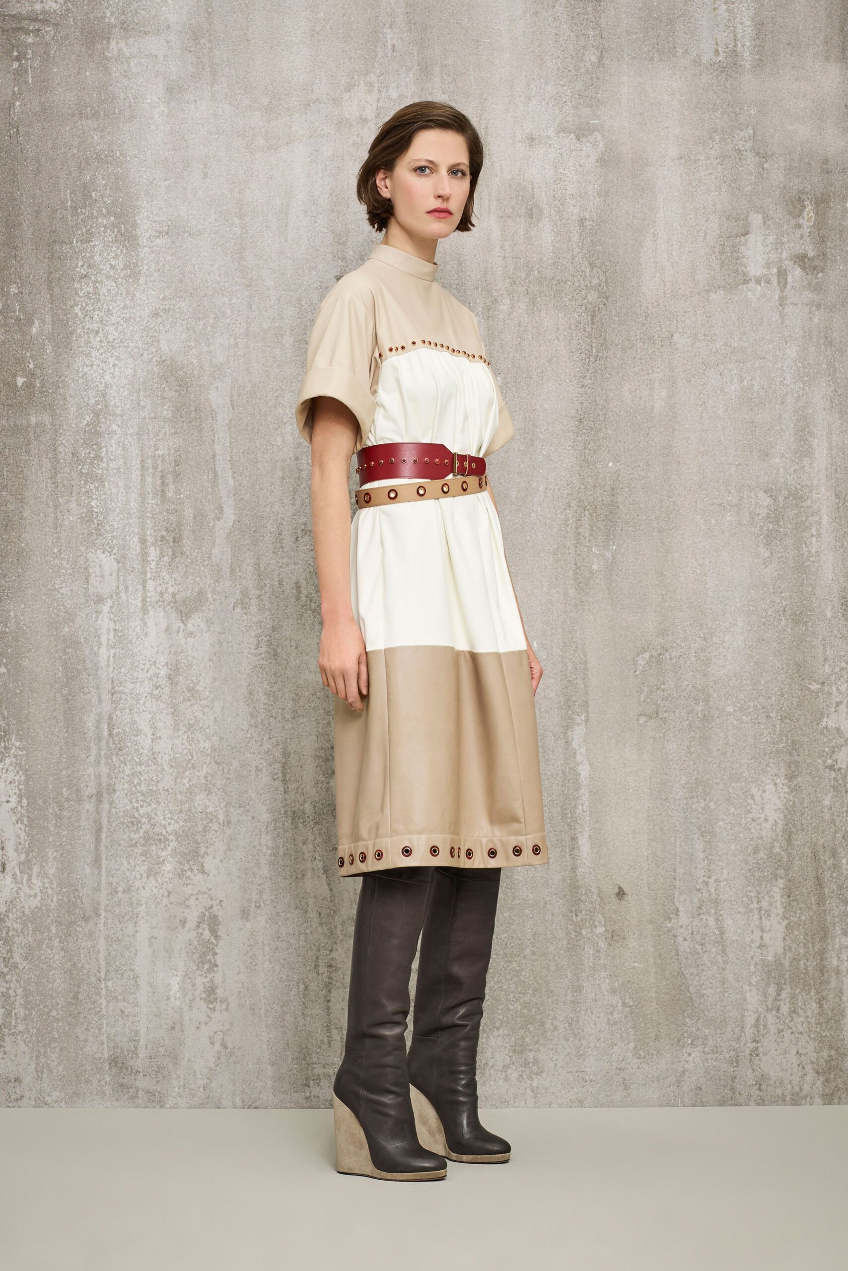 beige cotton short-sleeve high-neck fitted a-line belted dress