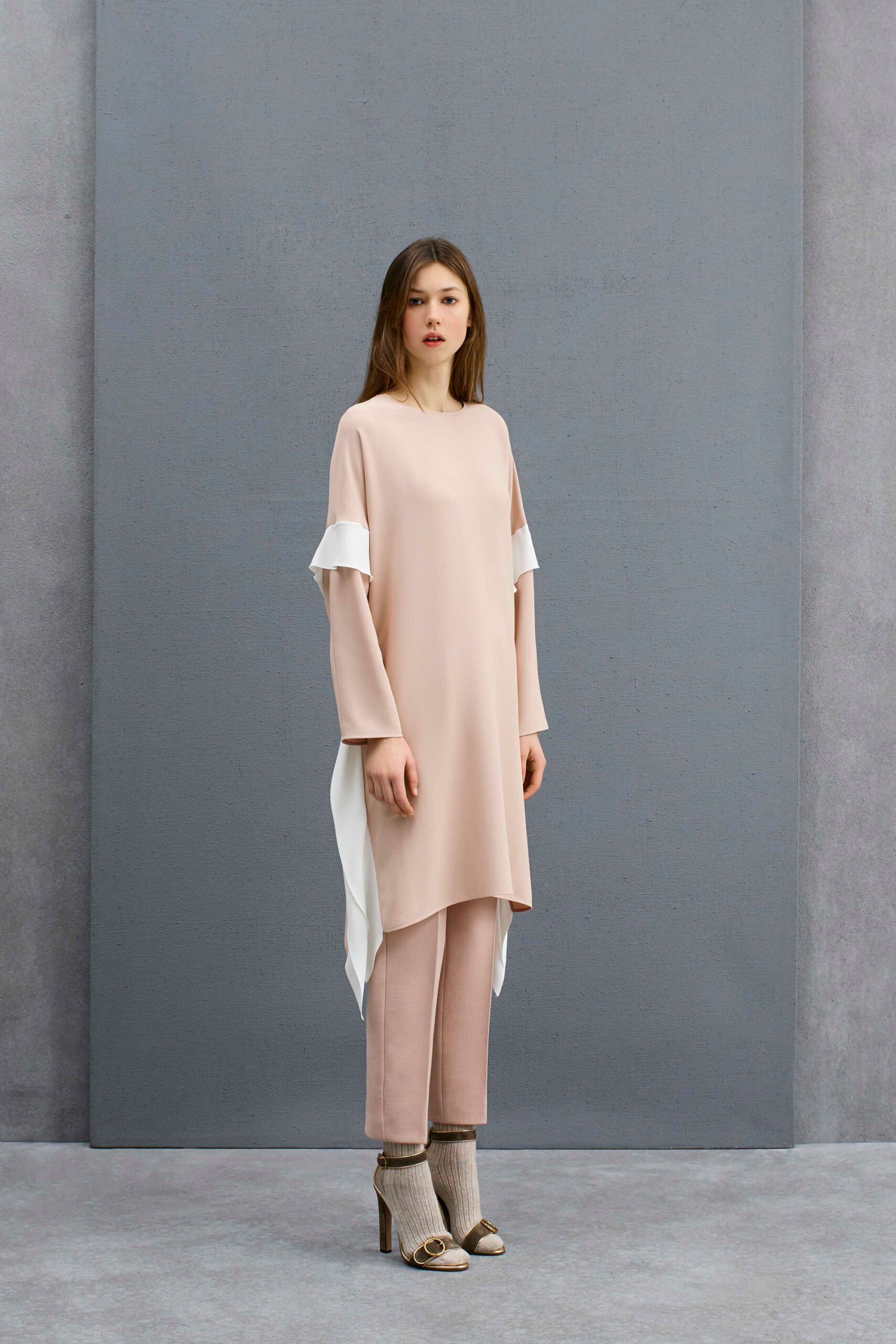 pink cotton long-sleeve relaxed layered top