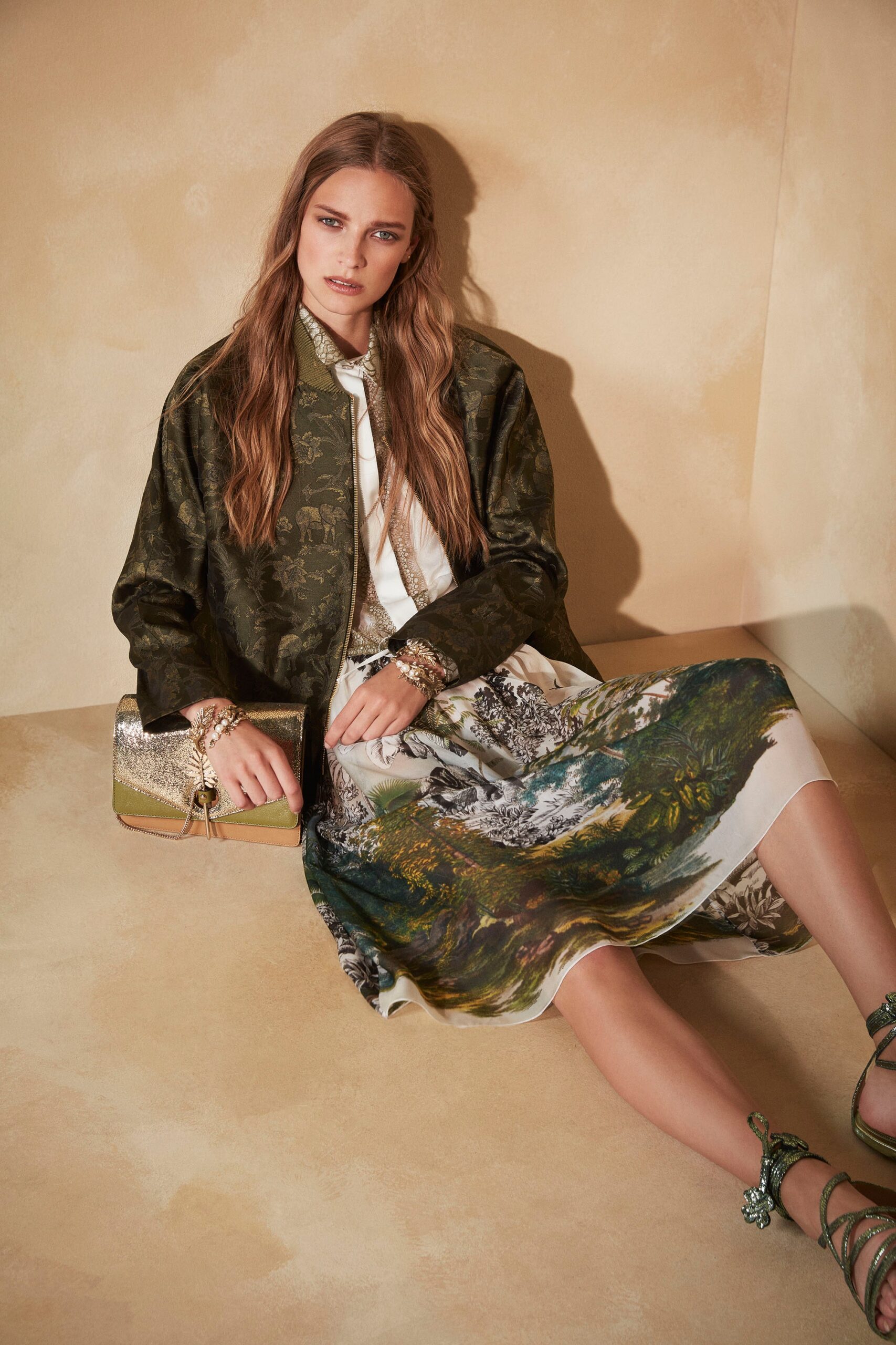 green silk long-sleeve collared relaxed embroidered jacket