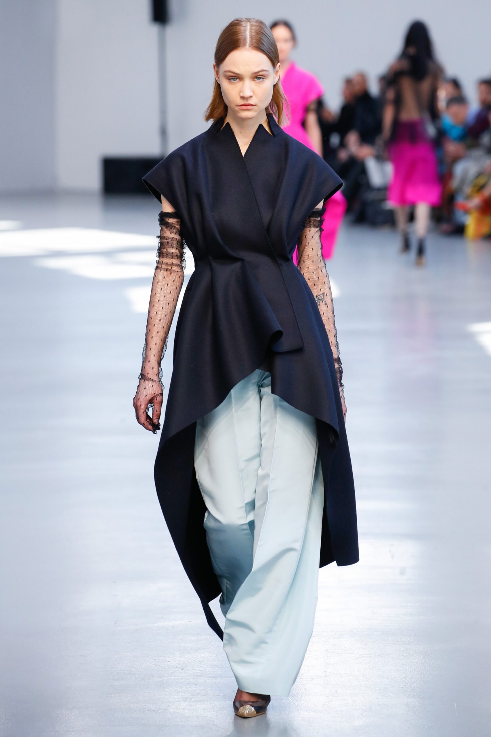 black cotton long-sleeve collared relaxed draped top