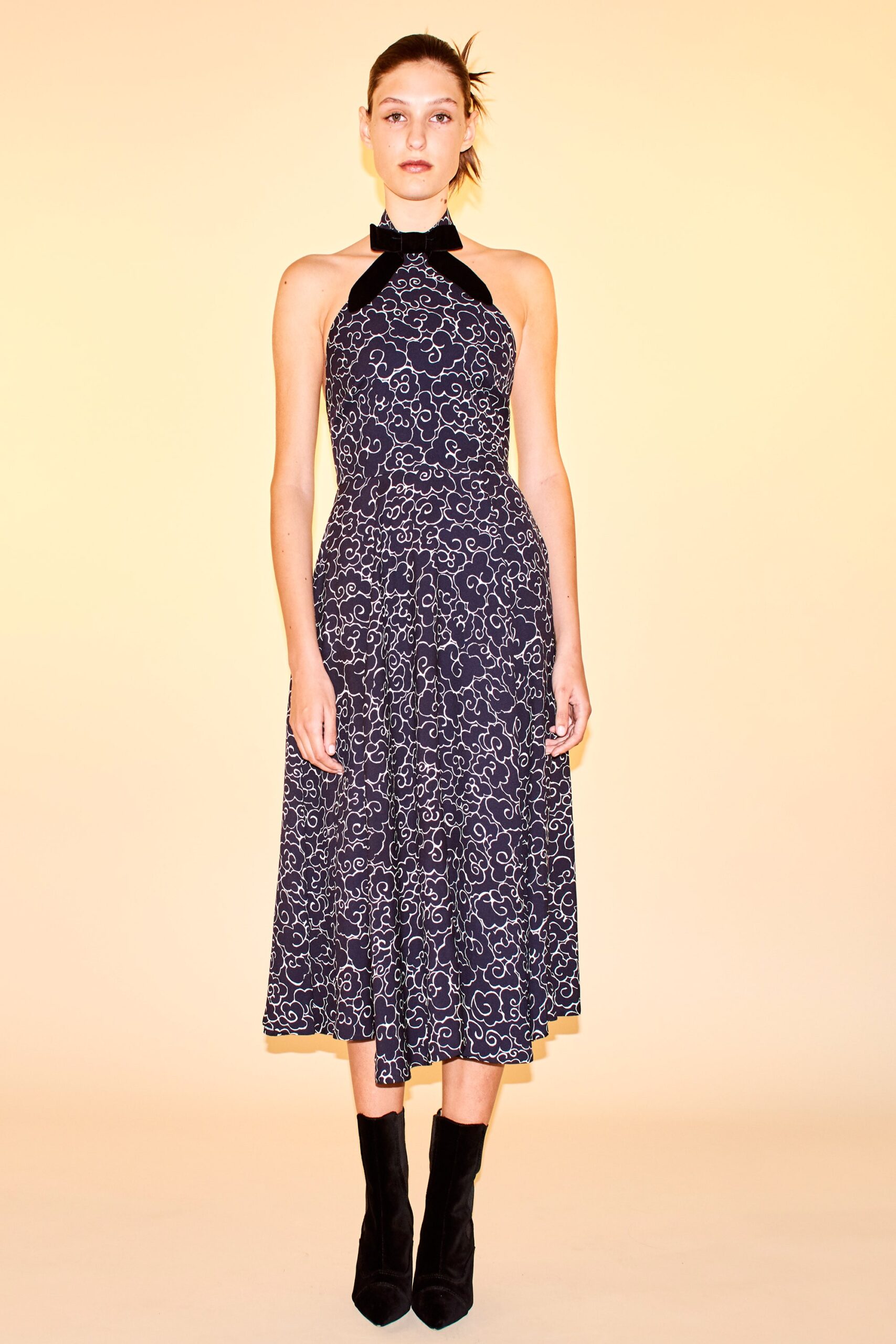 black and white flared midi dress