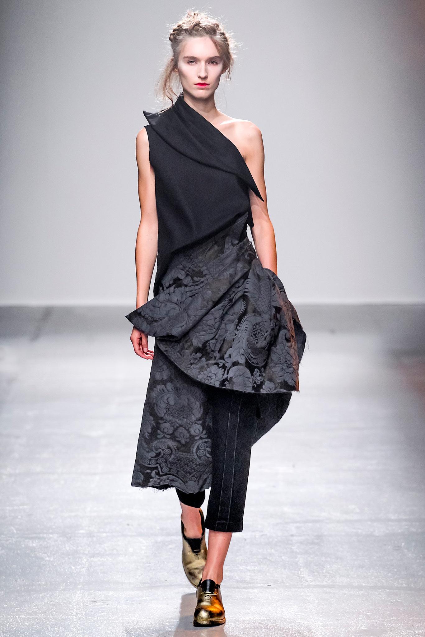 black asymmetric dress and slim pants