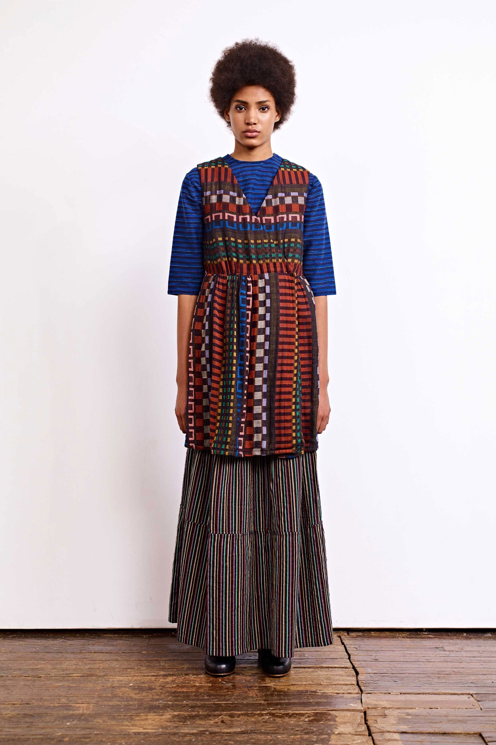 multi-colored tiered maxi dress with blue top